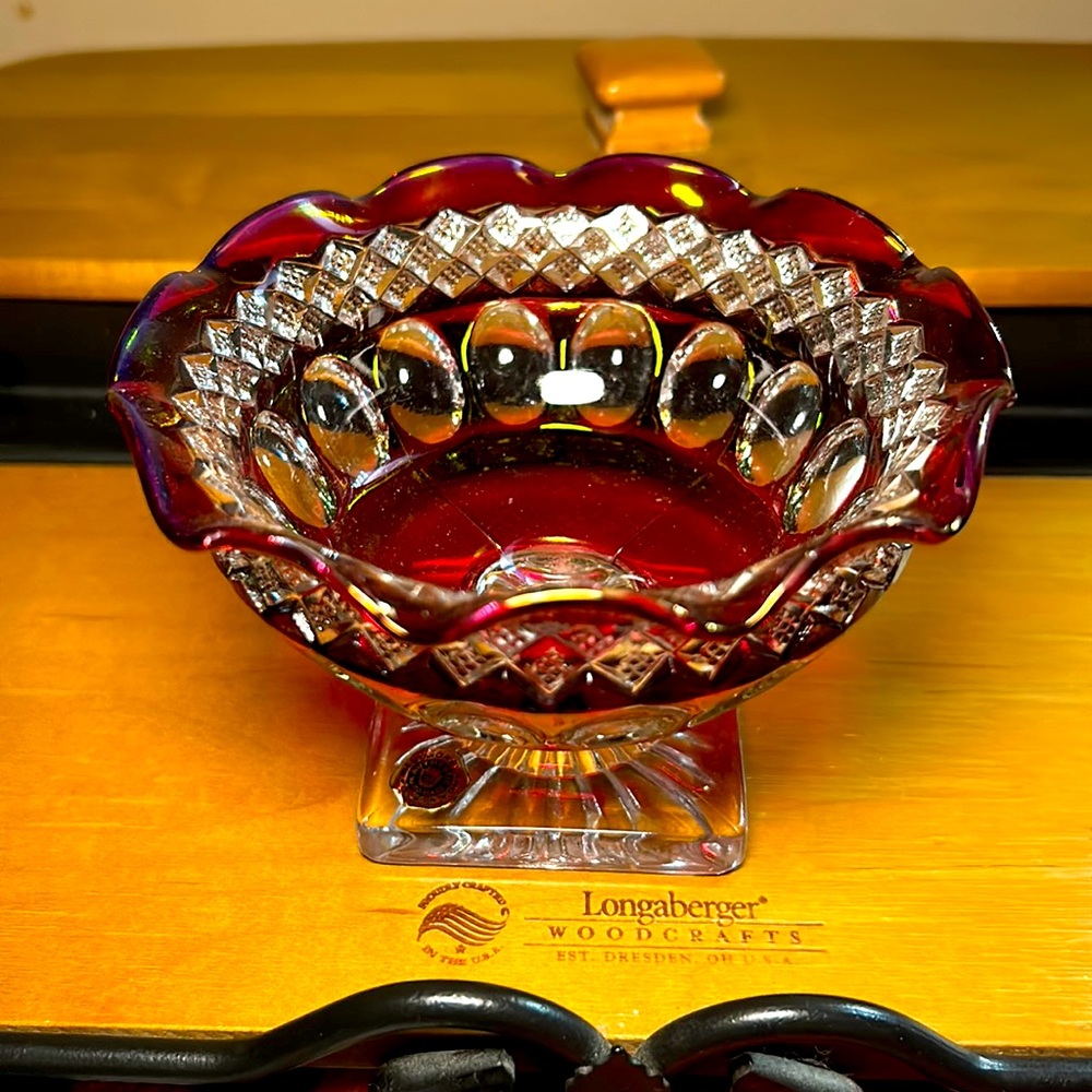Small candy dish red and clear from Smiths Jewelry Store New York Vintage